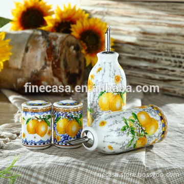 Elegant Fine New Bone China Ceramic Oil Vinegar Salt Pepper Set of Lemon Fragrance